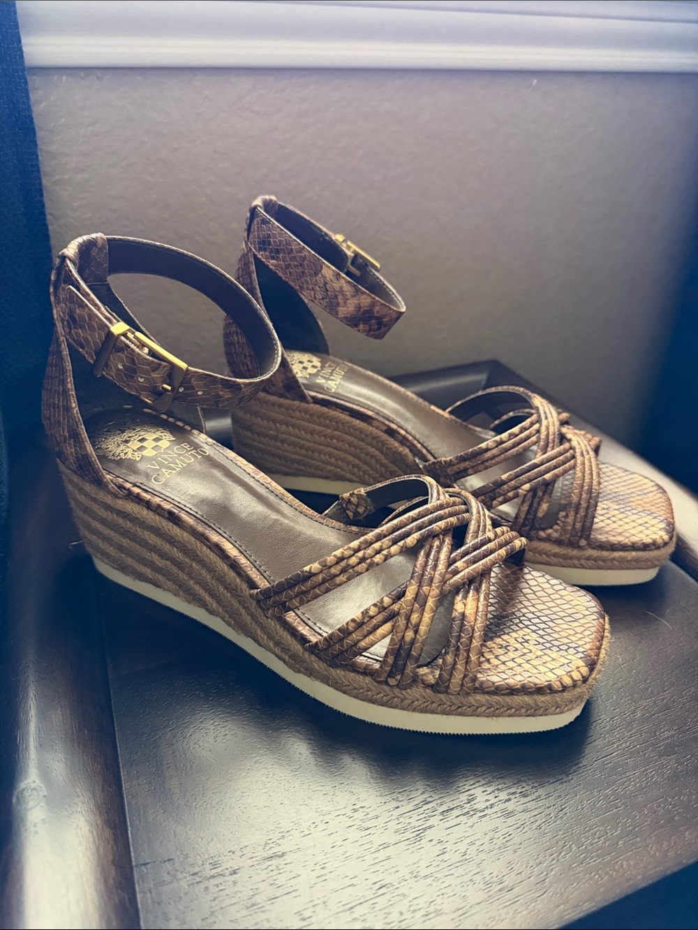 Vince Camuto Brown Snake-Print Ankle-Strap Wedge Sandals